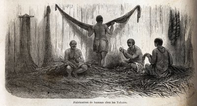 La fabbricazione di amache tra gli indiani Yahua del Perù, da fili sottili di palma chambira intrecciati. Incisione per illustrare il viaggio dall