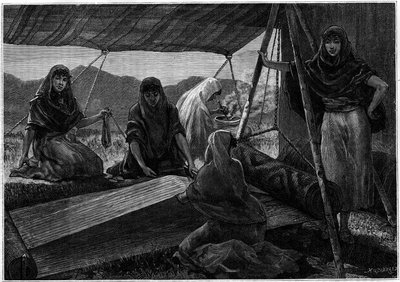 La fabbricazione di tappeti da parte di donne nomadi della Persia. Incisione nel giornale “La jeunesse” da Unknown artist