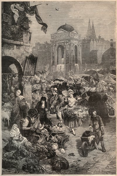 Il mercato e la fontana degli Innocenti, Parigi nel XVIII secolo - incisione del XIX secolo da Unknown artist