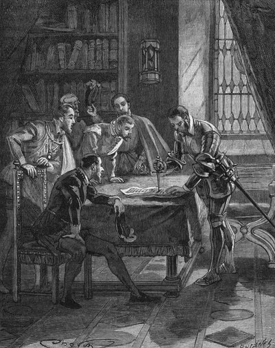 Il maresciallo di Vieilleville pianta il suo pugnale in un brevetto con cui il Re di Francia Enrico II (1519-1559) gli concedeva e ai cinque signori presenti nella stanza il diritto alla confisca di tutti gli usurai e luterani di Guienna, Limousin, Quercy  da Unknown artist