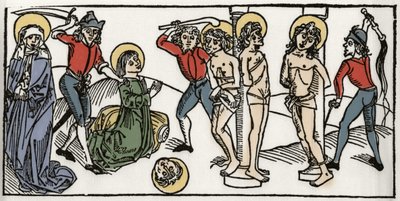 Il martirio di Santa Felicita e dei suoi sette figli di Roma. Incisione da Leben der Heiligen - sommerteil (Il libro dei santi) di Jacobus (Giacomo) da Varagine (1228-1298). Lubecca 1488 da Unknown artist