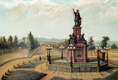 Il monumento al navigatore Cristoforo Colombo (1451-1506) sul Paseo de la Reforma a Città del Messico, Messico. Cromolitografia del 1885 da Unknown artist