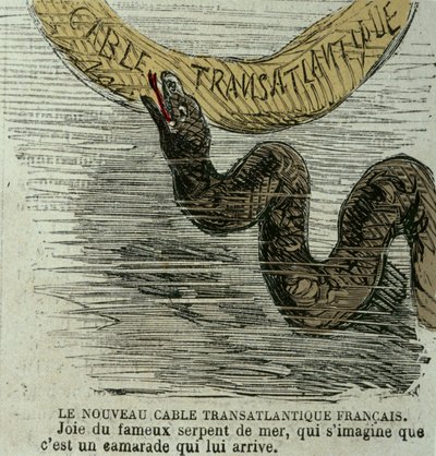 Il nuovo cavo transatlantico francese - Gioia del famoso serpente marino, che immagina sia un compagno che viene da lui. Disegno umoristico sul serpente marino gigante e il cavo transatlantico posato nel 1858. Incisione dell