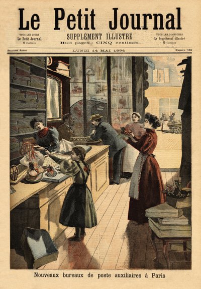 I nuovi uffici postali ausiliari a Parigi, alcuni negoziatori aprono un banco di servizio postale, parallelo alle loro attività commerciali. Incisione in "Le petit journal" 14/05/1894. Collezione Selva da Unknown artist