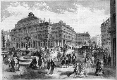 La nuova piazza del teatro francese (Comédie Française) con le fontane proiettate al Palais Royal a Parigi. Incisione in 