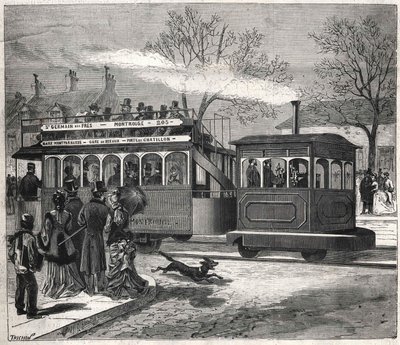 I nuovi tram a vapore a Parigi nel 1876 sulla linea di Saint-Germain-des-Prés alla porta di Chatillon, incisione. Collezione Bianchetti da Unknown artist