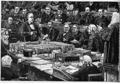 Il giuramento del deputato inglese Charles Bradlaugh (1833-1891) alla Camera dei Comuni il 21 febbraio 1882, militante per l
