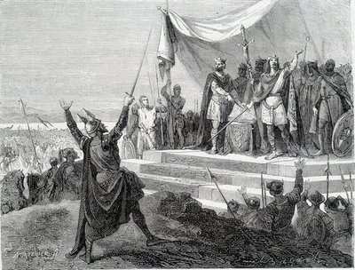 Il giuramento dei due fratelli davanti alle loro armature: Carlo II il Calvo e Ludovico II il Germanico giurano contro Lotario I (Giuramenti di Strasburgo 842) da Unknown artist