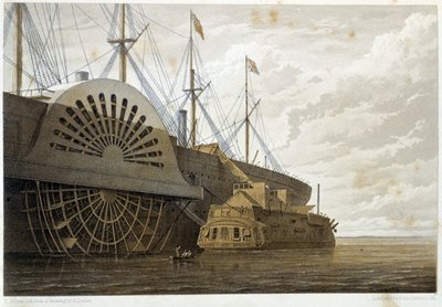La vecchia fregata con il suo carico di cavo accanto alla "Great Eastern" a Sheerness - in "The Atlantic telegraph" di W. H. Russel, ca. 1860 da Unknown artist