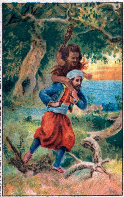Il vecchio del mare. Le meravigliose avventure di Sinbad il marinaio. Racconto popolare delle Mille e una notte. Cromolitografia della fine del XIX secolo da Unknown artist