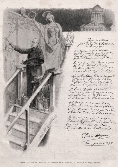 Il pittore Puvis de Chavannes (1824-1898) occupato a dipingere - allegoria di M. Merwart con una poesia di Clovis Hugues da Unknown artist