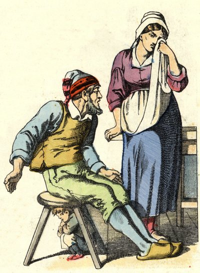 I genitori di Pollicino decidono di abbandonare i loro figli nella foresta. Illustrazione della fiaba "Pollicino" di Charles Perrault da Unknown artist