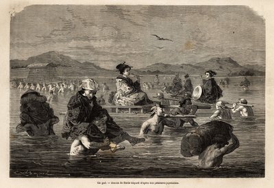 Il passaggio di un guado, con presentazione dei modi di trasporto dei passeggeri e dei bagagli. Incisione per illustrare il viaggio in Giappone, nel 1863-1864, di Aime Humbert, ministro della Confederazione Svizzera, in 