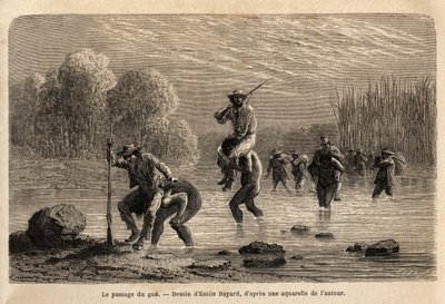 Il passaggio del guado, gli indiani Siriniris, propongono spontaneamente di trasportare sulle loro spalle i membri della spedizione, per farli attraversare gli stagni formati ai piedi del Monte Basiri (Perù). Incisione per illustrare il viaggio nelle valli da Unknown artist