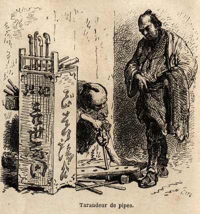 La macchina per battere le pipe nella sua bottega, usa una semplice tavola forata con buchi di dimensioni diverse, fissata in una spirale di ferro. Incisione per illustrare il viaggio in Giappone, di Aime Humbert, ministro della Confederazione Svizzera, pu da Unknown artist