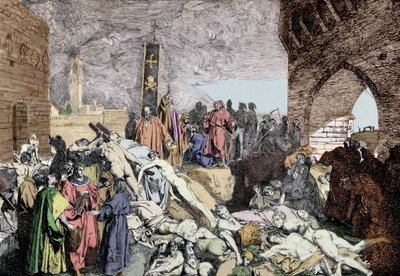 La peste del 1348 a Firenze (Italia). In basso a sinistra, con una corona di alloro, Petrarca, poeta e umanista italiano del Rinascimento, parla con altre persone da Unknown artist