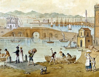 Il porto di Napoli e Santa Lucia intorno al 1800: i viaggiatori si preparano a partire e i carpentieri costruiscono una barca. Acquerello da Unknown artist