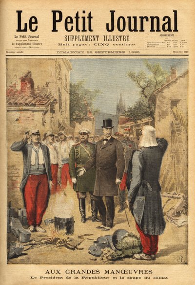 Il presidente della repubblica, Felix Faure (1841-1899), visita le truppe a Langres durante le grandi manovre e, come tradizione per tutti i visitatori, assaggia la zuppa del soldato. Incisione in "Le petit journal" 22/09/1895. Collezione Selva da Unknown artist