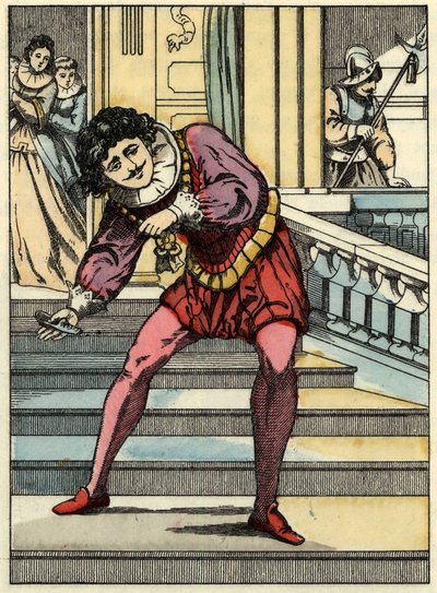 Il principe raccoglie la scarpetta di vetro di Cenerentola. Illustrazione del racconto di Charles Perrault "Cenerentola o La piccola scarpetta di vetro" da Unknown artist