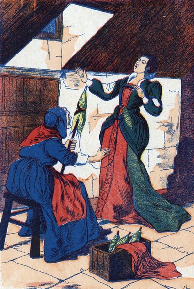La principessa si punge la mano e si addormenta. Illustrazione anonima per "La bella addormentata nel bosco", racconto di Charles Perrault (1628-1703), scrittore francese. Immagini di Marcel Vagne, Jarville Nancy, non datato (fine XIX secolo) da Unknown artist