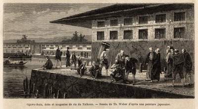 Il molo e i magazzini dei negozi di riso a Taikoun, sul fiume Ogawa, incisione per illustrare il viaggio in Giappone di Aime Humbert, ministro della Confederazione Svizzera, 1863-1864 da Unknown artist
