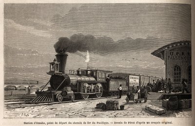 La ferrovia ha la stazione di Omaha (Nebraska), punto di partenza delle linee che portano al Pacifico. Incisione per illustrare il viaggio nel Far West americano, di M. L. Simonin, nel 1867, pubblicato in "Le tour du monde, nouveau journal des voyages" da Unknown artist