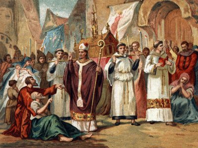 Le reliquie di Santa Genoveffa (422-502), patrona di Parigi, sono trasportate per le strade di Parigi. Cromolitografia intorno al 1890 da Unknown artist
