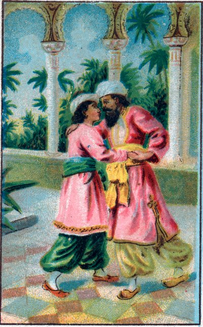 Il ritorno del principe. Racconto "Histoire du cheval enchanté" in "Les mille et une nuits". Cromolitografia della fine del XIX secolo. da Unknown artist