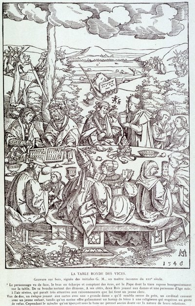 La tavola rotonda dei vizi: gioco, avarizia, lussuria, orgoglio... - Incisione 1546 da Unknown artist