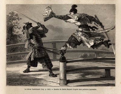 Il samurai Yashitsune in equilibrio sulla barriera di un ponte, attacca un samurai in armatura. Incisione per illustrare il viaggio in Giappone, nel 1863-1864, di Aime Humbert, ministro della Confederazione Svizzera, in "Le tour du monde, nouveau journal d da Unknown artist