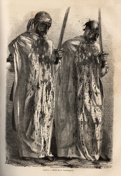 Le cicatrici, musulmani in processione durante la festa commemorativa del martirio di Hossein, si colpiscono la testa con una spada, ciascuno coperto da un lenzuolo bianco per raccogliere il sangue che scorre dalle loro ferite. Incisione per illustrare il  da Unknown artist