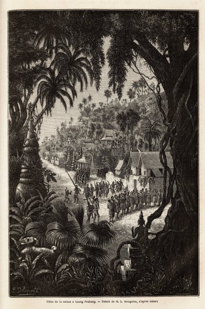 Le celebrazioni stagionali a Luang Prabang, capitale reale di Lan Xang (regno dei milioni di elefanti) (attuale Laos), consistenti in una processione degli abitanti e una pagoda di culto per tutta la città. Incisione per illustrare un viaggio di esplorazio da Unknown artist