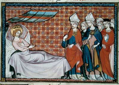Il re malato di Francia San Luigi (Luigi IX) (1214-1270) si rivolge ai suoi parenti e al clero. Miniatura da un manoscritto "Vita e miracoli di San Luigi" di William of Saint Pathus da Unknown artist