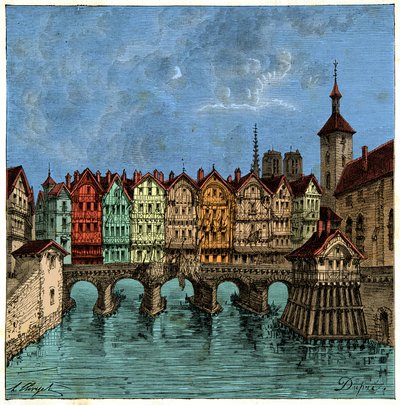 Il piccolo ponte che in seguito divenne il Pont au Change a Parigi nel Medioevo, incisione del XIX secolo da Unknown artist