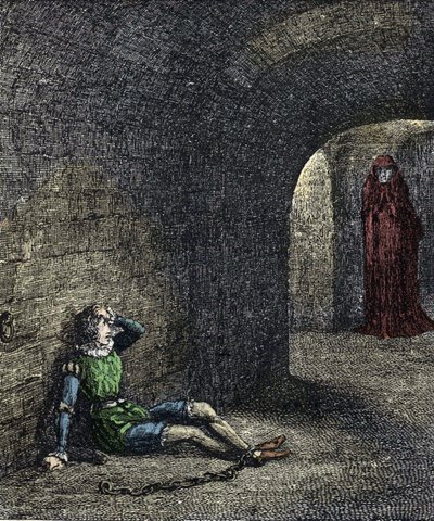 Lo spettro della torre. Il prigioniero incatenato in una prigione vede un fantasma davanti a sé. Illustrazione per 