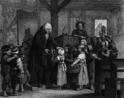 Gli studenti di una classe si riuniscono per dare fiori al loro insegnante di scuola nel giorno del suo compleanno. Incisione del XIX secolo da Unknown artist