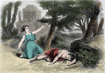 Il suicidio di Piramo sotto il gelso e la morte di Tisbe. Convinto che la leonessa avesse divorato Tisbe, Piramo si suicida e copre di sangue i bianchi gelsi. Tisbe, nascostasi per sfuggire alla leonessa, trova il suo amore morto e si suicida da Unknown artist