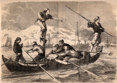 La pesca del pesce spada sulla costa della Sicilia in Italia nel 1862. Incisione in "Le Monde illustré" del 1862. Collezione privata. da Unknown artist