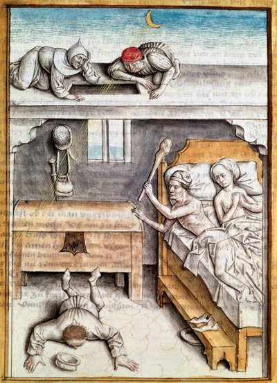 Il ladro che ha fatto irruzione in una casa è punito Miniatura da una traduzione tedesca delle favole di 