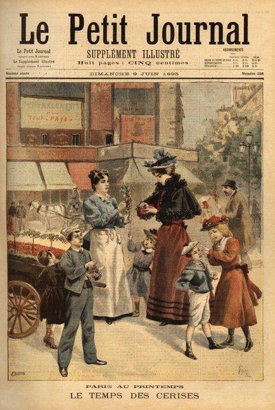Il tempo delle ciliegie, mercante ambulante per le strade di Parigi. Incisione in “Le petit journal” 9/06/1895. Collezione Selva da Unknown artist