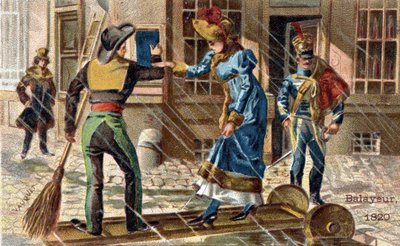 Il mestiere dello spazzino nel 1820: uno spazzino aiuta una giovane donna ad attraversare una pozzanghera da Unknown artist