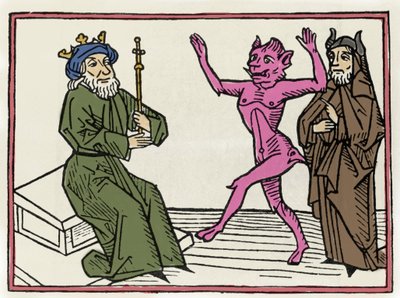 Il processo di Belial: "Il demone Belial danza davanti al giudice Salomone" Incisione da "Il processo di Belial" di Jacobus de Teramo (o Palladino), Ausburg da Unknown artist
