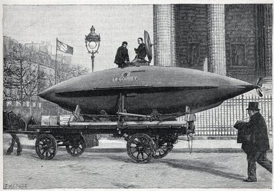 Il sottomarino "Le Goubet", trasportato per esperimenti, passa per Place de la Madeleine a Parigi. Incisione in "La Nature" da Unknown artist