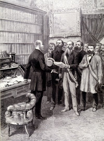 La visita dei delegati dei lavoratori al Palais Bourbon (Jules Guesde, Mr Ferroul, Mr Baudin e Mr Thivrier) al Segretario Generale della Presidenza: Mr Martin, durante la manifestazione del 1° maggio da Unknown artist