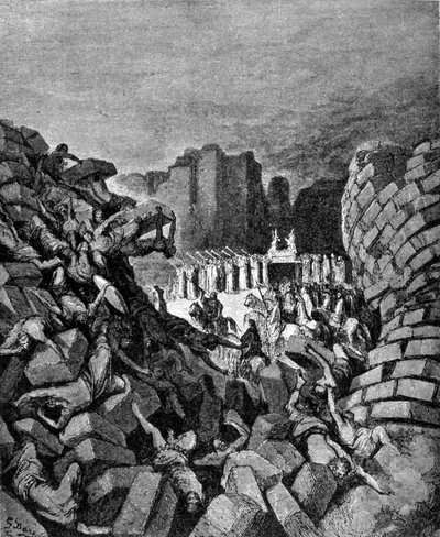Le mura di Gerico crollarono al suono delle trombe di Osea, permettendo agli Ebrei di conquistarle. Libro di Giosuè. Incisione del 19° secolo. da Unknown artist