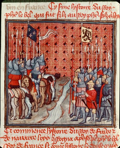 Le armi di Filippo IV il Bello (1268-1314) sulla riva di un fiume incontrano un esercito nemico miniatura da "Le grandi cronache di Francia" XIV secolo Chantilly, Museo Condé da Unknown artist