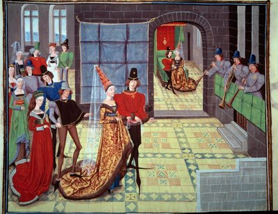 Il matrimonio di Renaud e Clarisse, sullo sfondo la notte di nozze. Miniatura dal manoscritto Renaud de Montauban o Les quatre fils Aymon di Loyset Liedet (attivo tra il 1448 e il 1478). Ms. 5073. XV secolo Bibliothèque de l