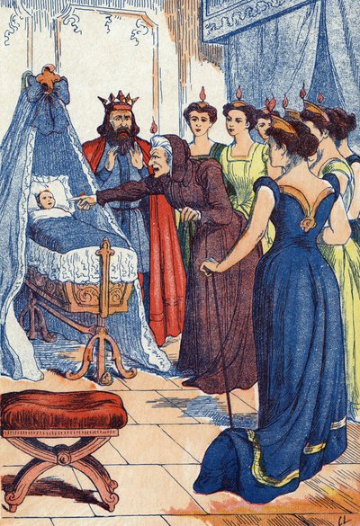 La fata cattiva predice che la principessa si pungerà la mano. Illustrazione per 