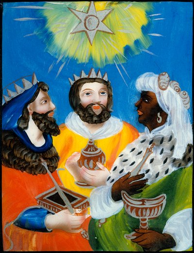 I re magi Baldassarre, Melchiorre, Gaspare. Pittura su vetro anonima. XIX secolo. Parigi. Museo delle Arti e Tradizioni Popolari da Unknown artist
