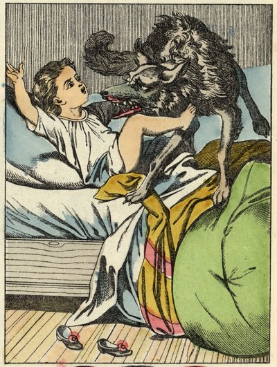 Il lupo picchia Cappuccetto Rosso. Illustrazione del racconto "Cappuccetto Rosso" di Charles Perrault da Unknown artist